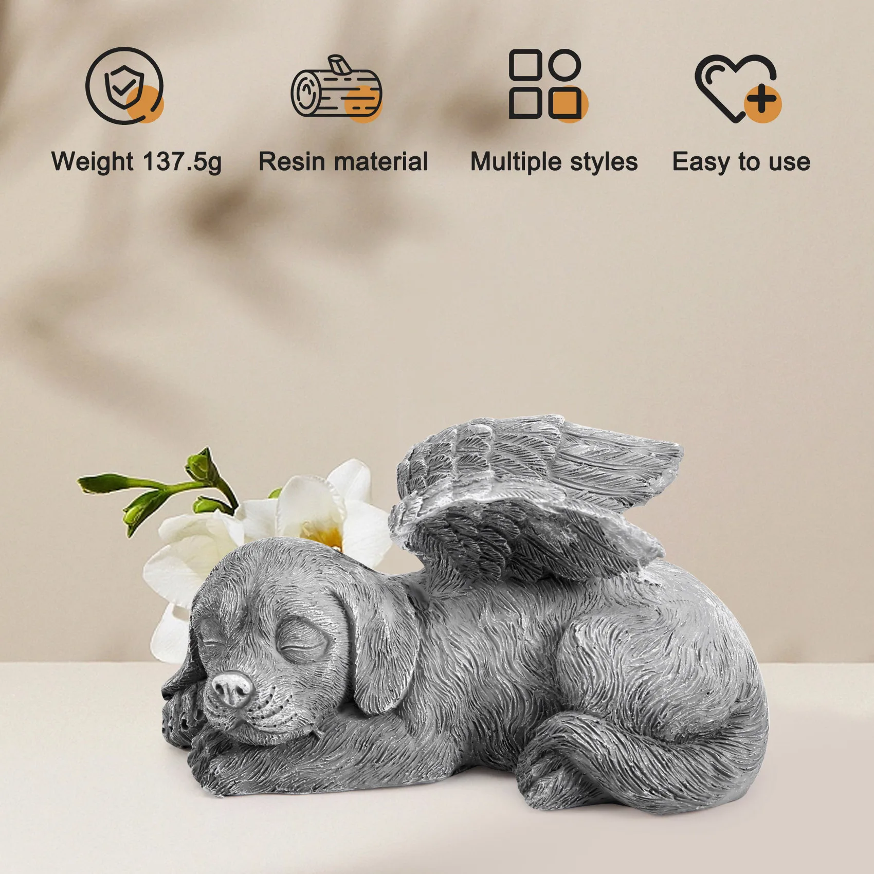 newA10R Dog Angel Pet Memorial Tombstone Marking Carved Statue, Resin, Stone Finish
