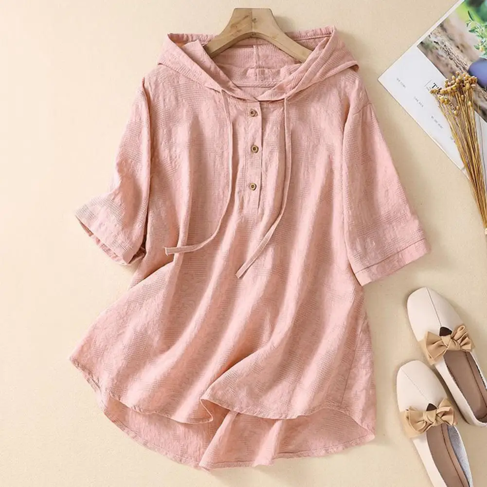 Button Detail T-shirt Stylish Women's Hooded T-shirt Collection Solid Color Half Placket Pullover Vintage Embroidery Loose Fit