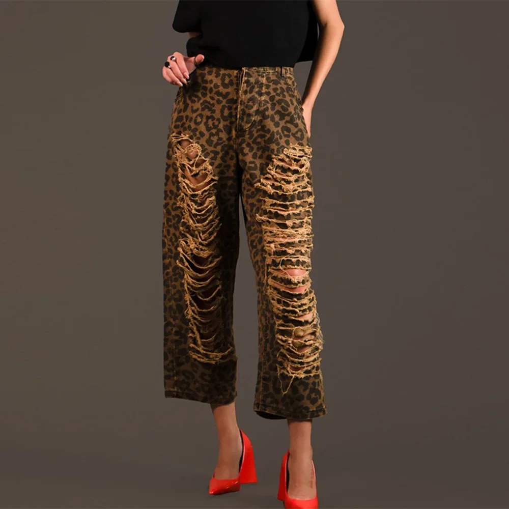 VGH Hollow Out Streetwear Leopard Print Pant For Women High Waist Spliced Button Casual Loose Wide Leg Pants Female Fashion New