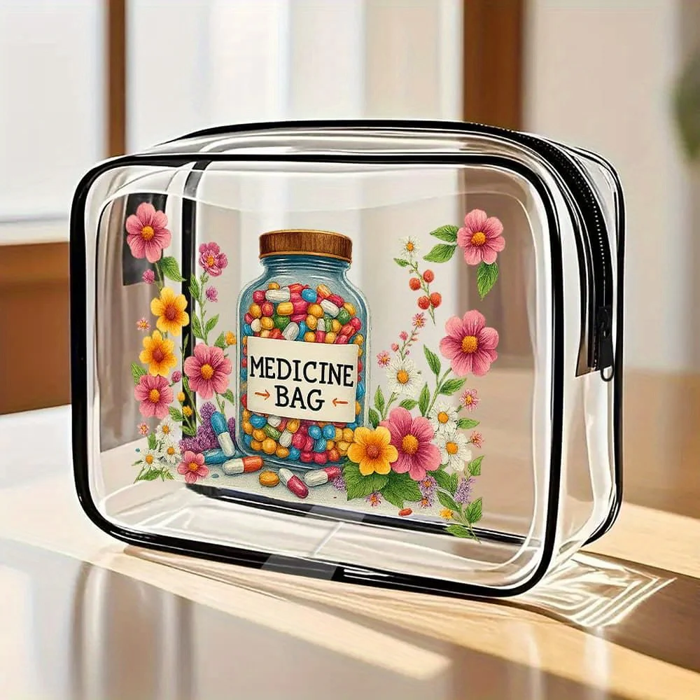Clear Medicine-themed toiletry bag.