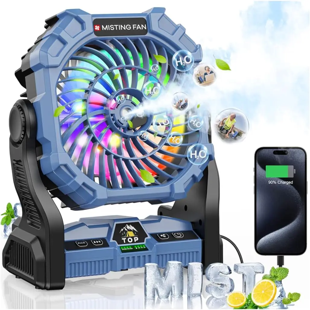 

Misting Fan Portable with RGB Lantern, 30000 MAh Rechargeable Camping Mist Fan with Emergency Battery Power