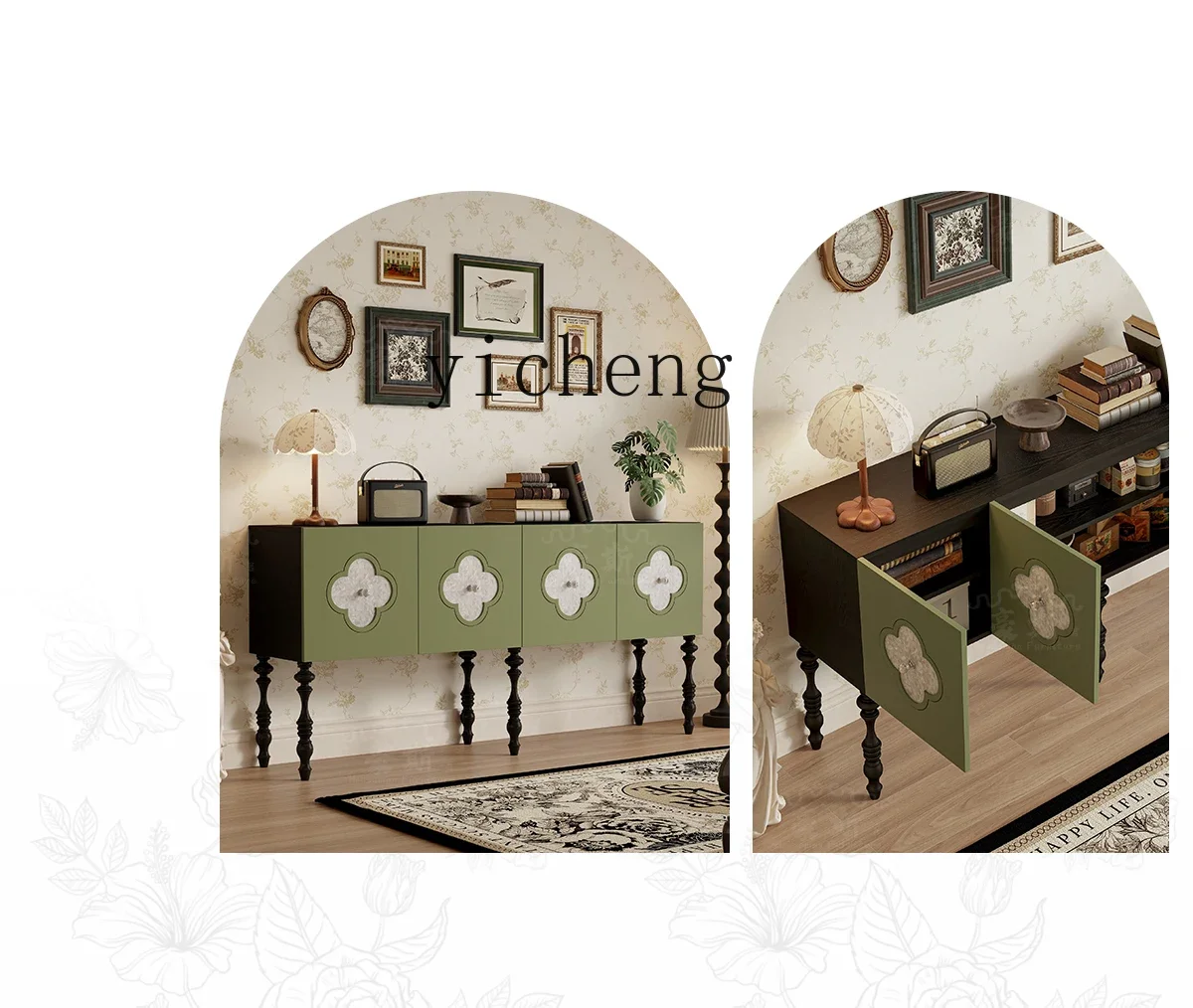 b1 Solid Wood Entryway Antique Style Console Vintage Green Entryway Cabinet Four-Leaf Clover Shell Storage Cabinet