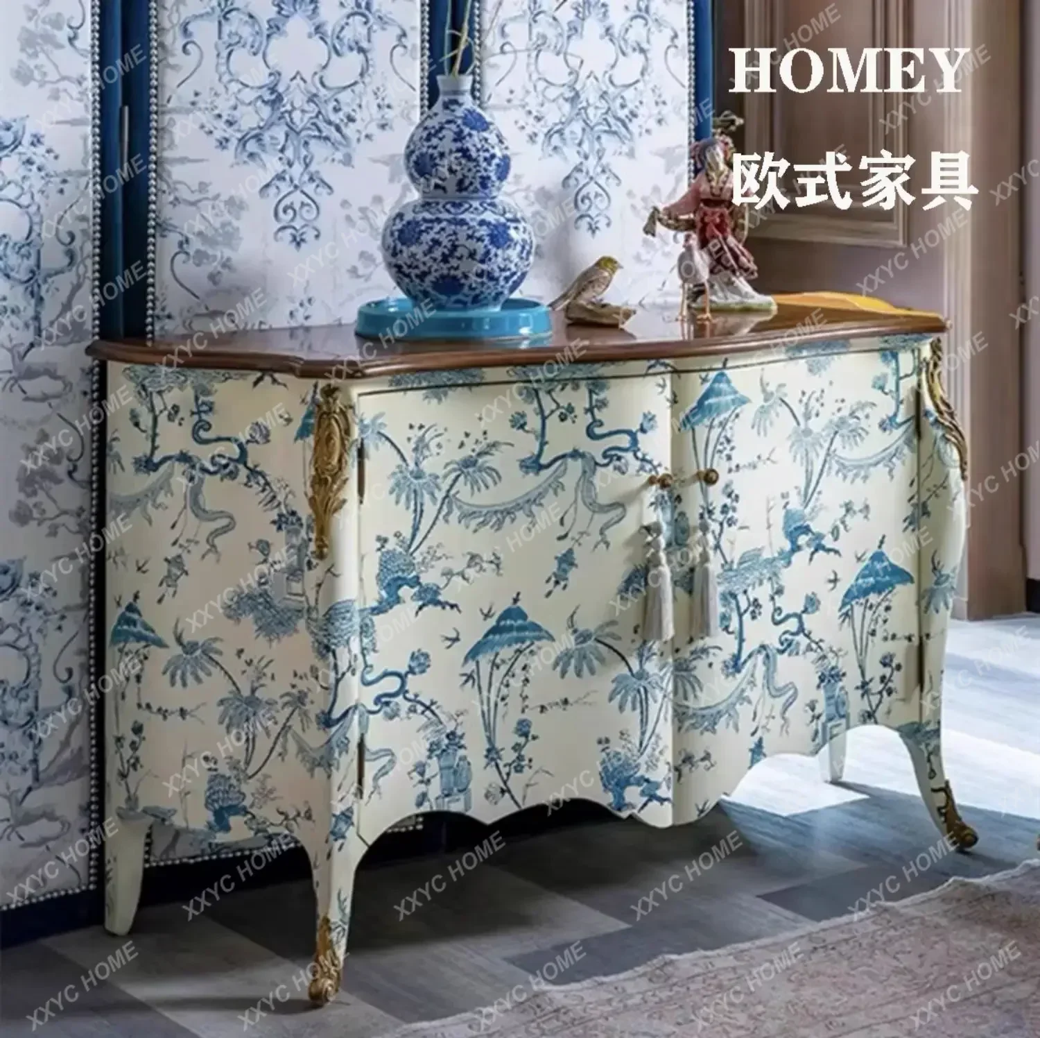 AA home retro entrance cabinet blue and white porcelain hand-painted decorative cabinet painted side cabinet high-end