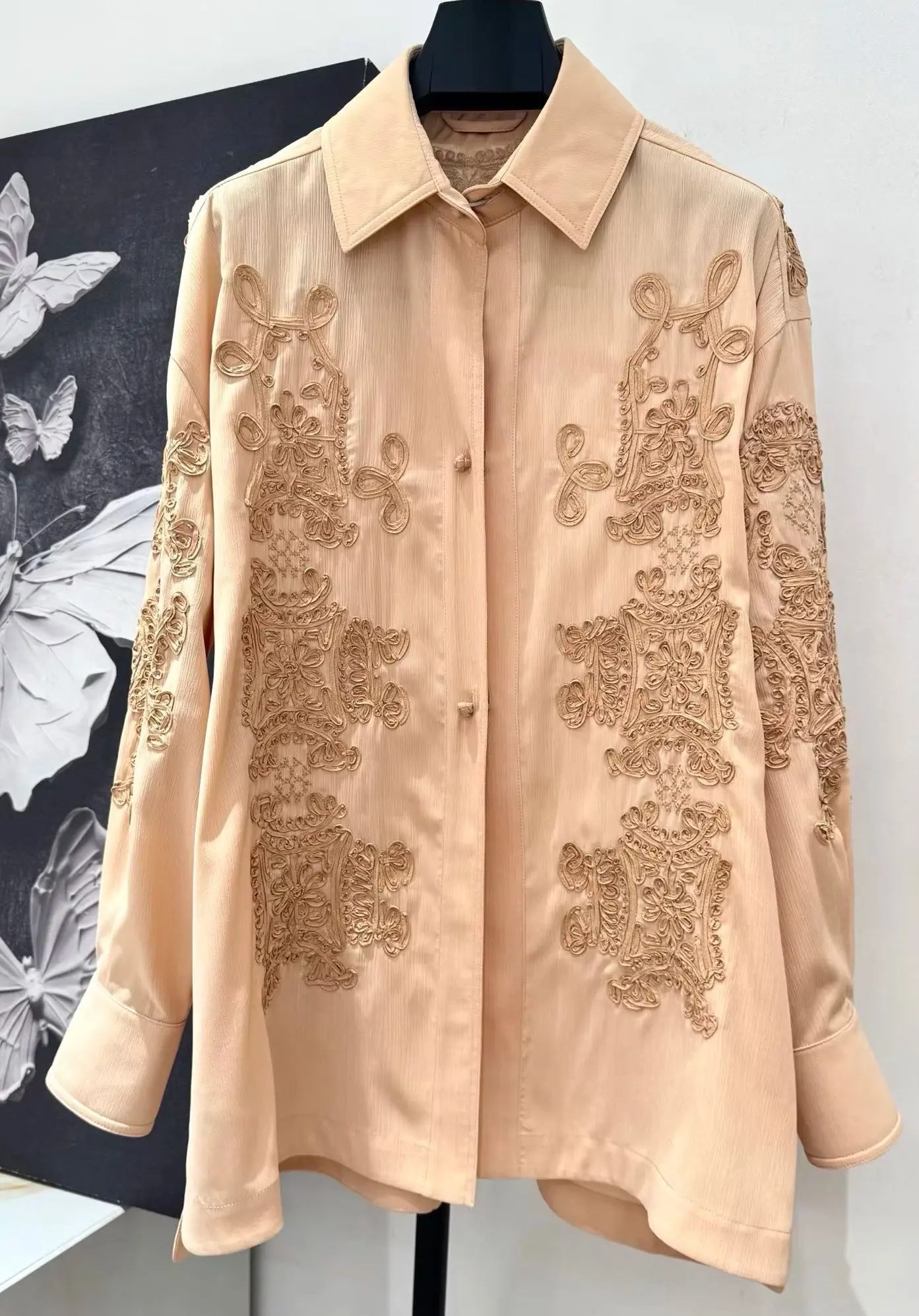 Best version Loose Oversize 27SS floral embroidery‌ Polyester‌ + Cow Leather brand shirts designer shirt clothing for women