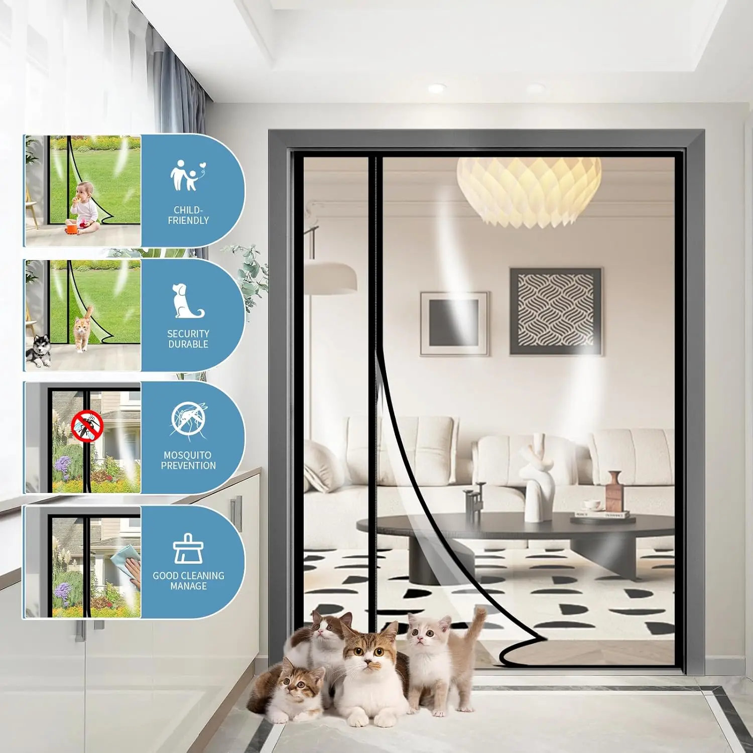 Transparent Insulated Door Curtains,    Reversible Left or Right Side Opening Insulated Door Screen Auto Closer Screen Door f