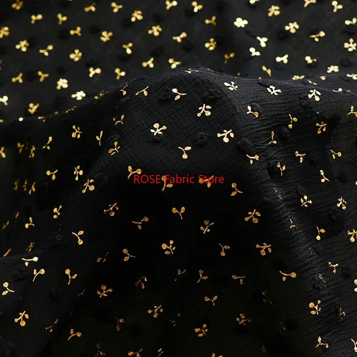 

Gold Flower Black Chiffon Fabric Polka Dot Jacquard Fabric For Wedding Dress, Bow tie, Blouse, Over skirt