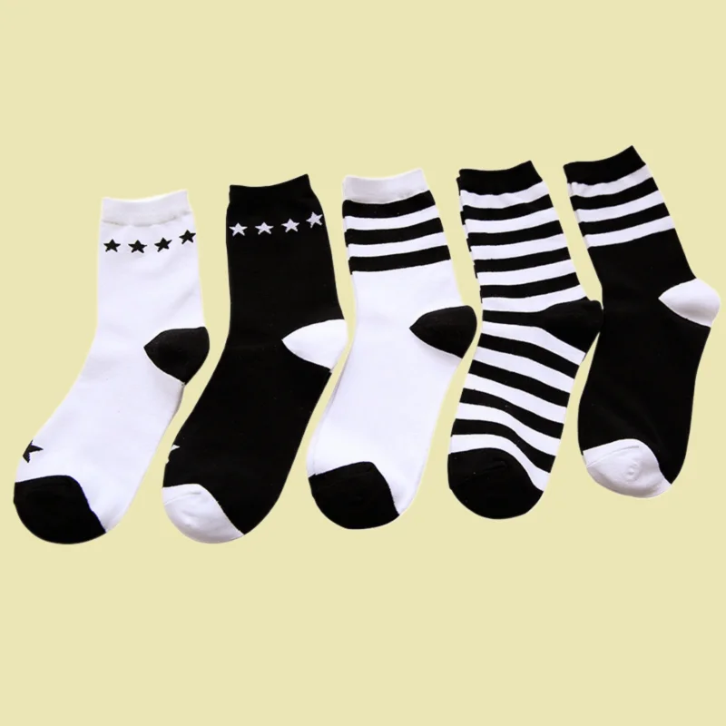 

5/15 Pairs High Quality Women's Mid-tube Cotton Socks Black And White Striped Series Socks Classic All-match Socks