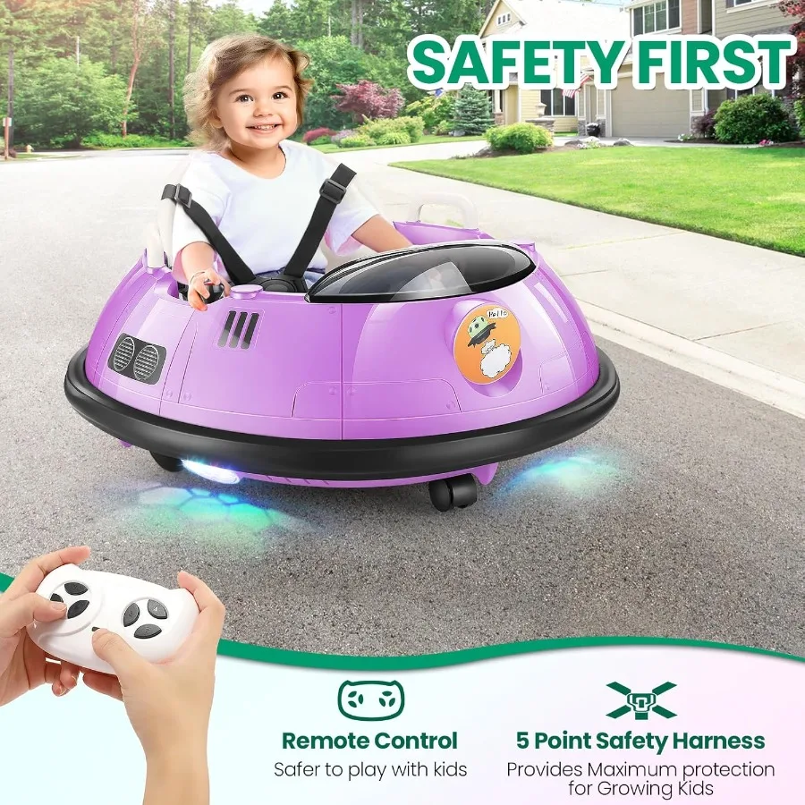 Auto paraurti elettrica per bambini, paraurti alimentati a batteria da 12 V per ragazze e ragazzi, rotazione a 360 gradi, cintura di sicurezza a 5 punti, due conduttori
