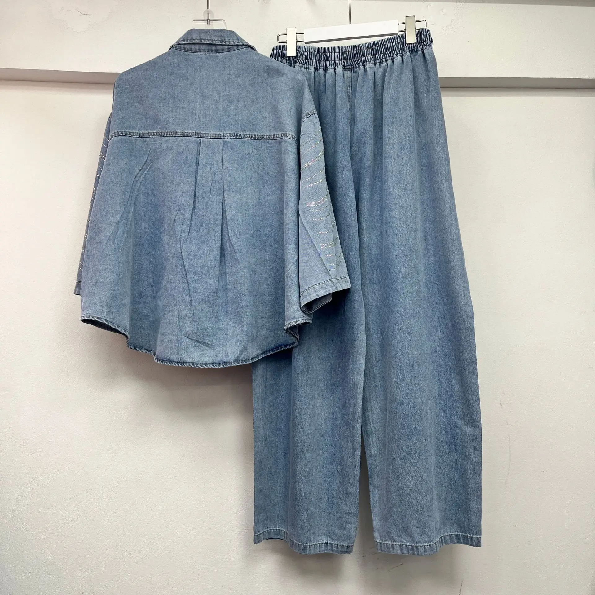 Women Wave Rainbow Diamonds Beaded Denim Shirts Jeans Blouse Drilling Cowboy Rhinestones Cardigan Tops + Elastic Shorts 2Pcs Set