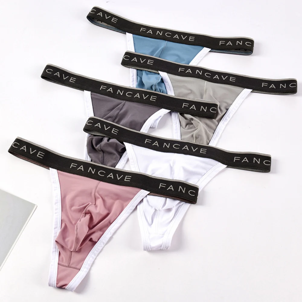 Sexy Solid Color Ice Silk Thongs Low-Rise Simple T-Back Thong Bluge Pouch Briefs G-String Bikini Underwear Man Thong Knickers