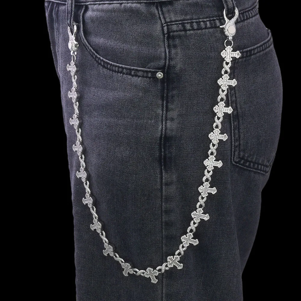 ESKEEM Luxury 15MM Iced Out Pants Chain Silver Plated Cross and 8-Character Infinite Design Bling Zircon Fine Hip Hop Jewelry