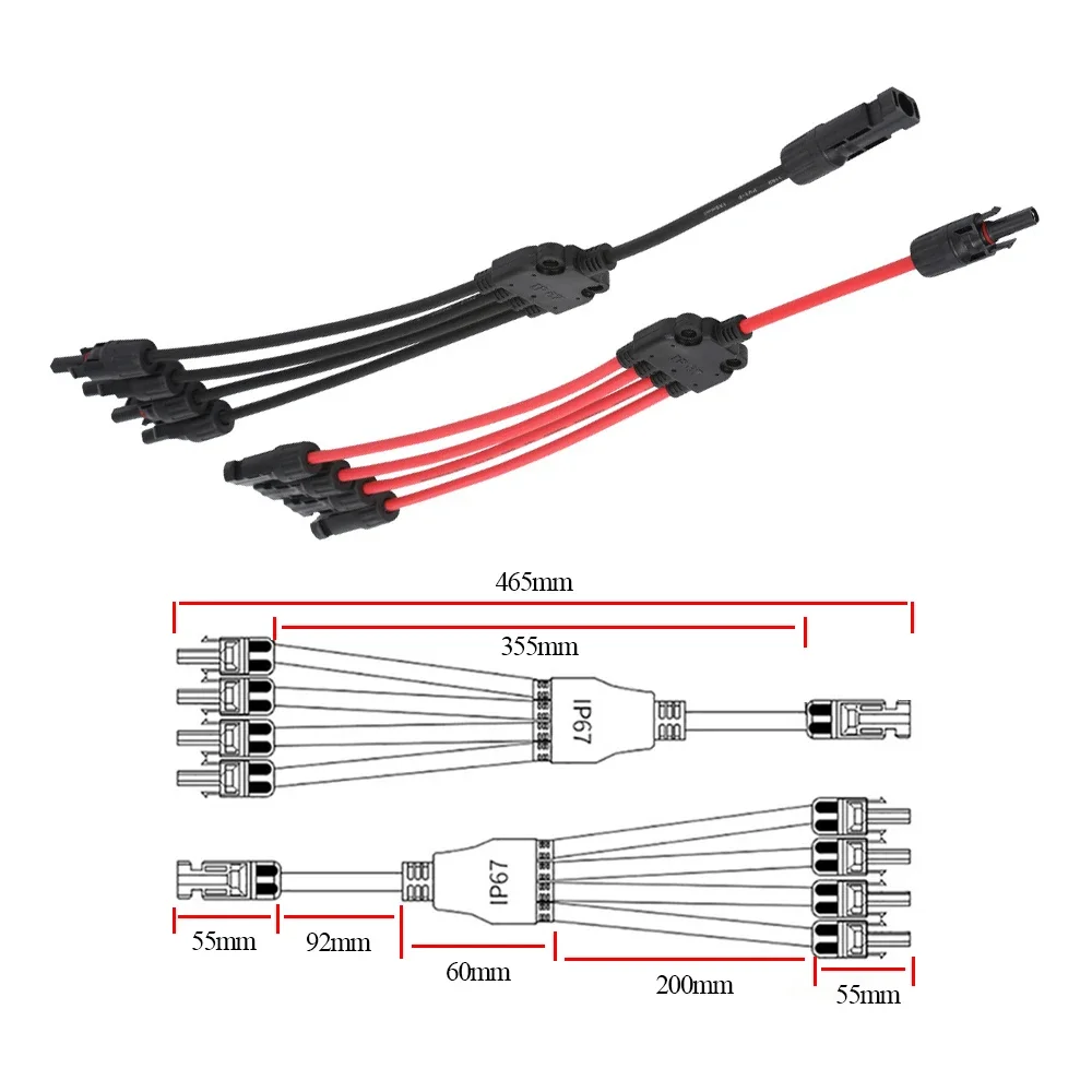 1 pair Solar Style Y Branch Adapter Connector IP67 Waterproof 1 to 4 Male and Female Panel Cable Photovoltaic Connector Adapter