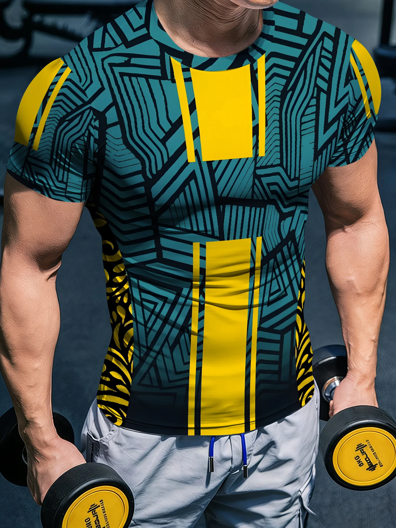 Men Sports Short Sleeve T-shirt High Elastic Quick Dry Teal Yellow Geometric Line Print Breathable Training Top