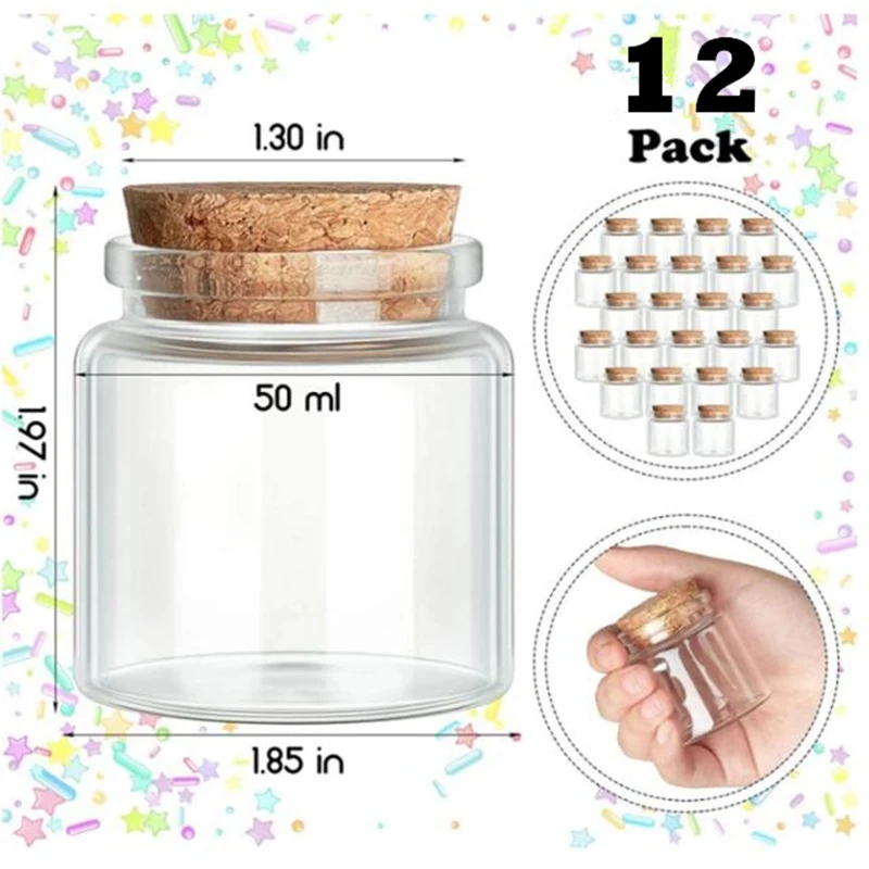 

12pcs/lot Capacity 50ml Glass Bottles With Cork Small Transparent Mini Empty Glass Vials Jars(50ml-47x50x33mm)