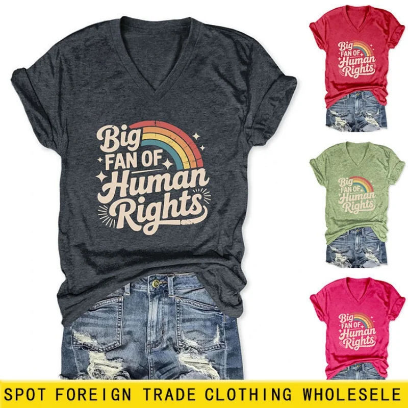 

Front-shoulder T-shirt, stylish and cool print, summer oversized short-sleeved women's V-neck top