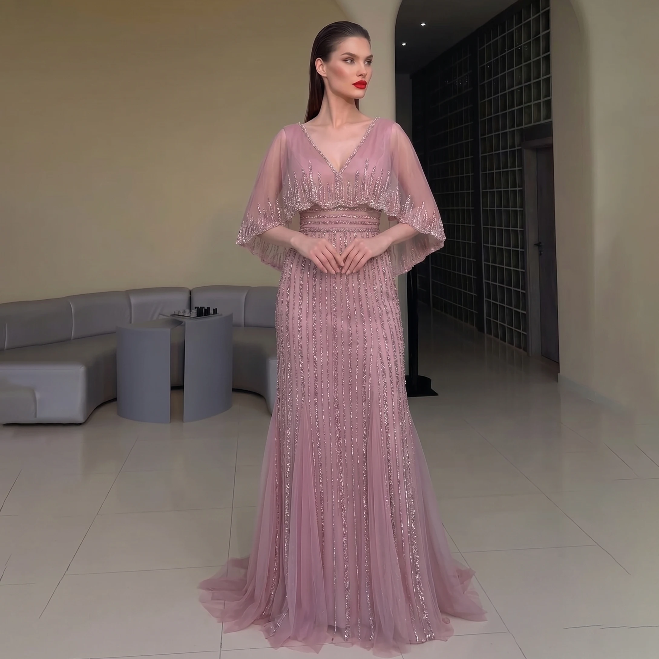 Sharon Said Luxury Pink Mermaid Dubai Evening Dresses with Cape Elegant  V-Neck Women Wedding Formal Party Gown SS284 Customized - AliExpress 320
