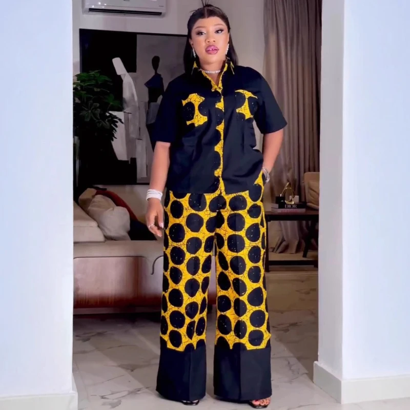 Nueva moda africana, conjunto de dos piezas para mujer, camisa de manga corta con estampado de puntos, conjunto de Top y pantalones, trajes