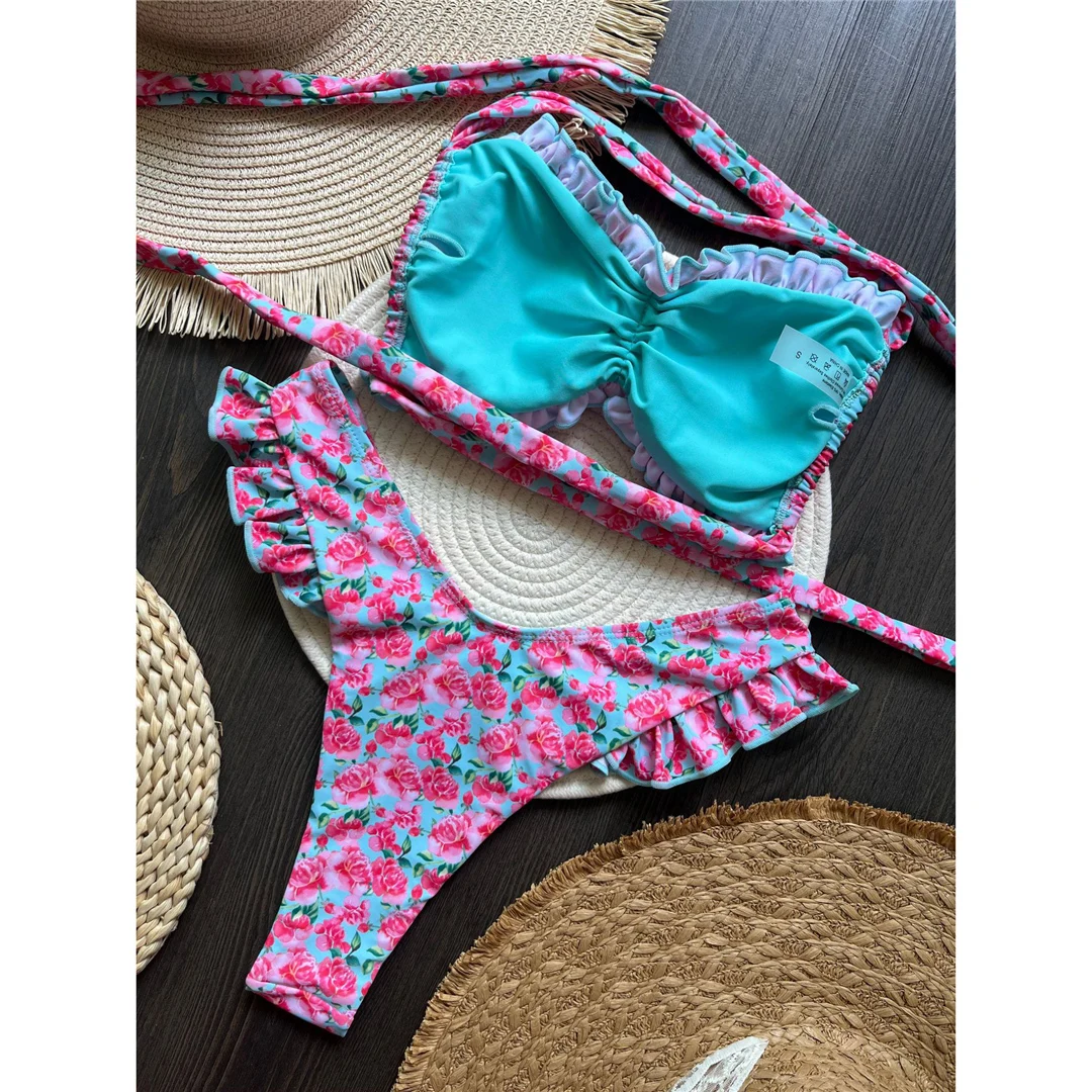 Sexy Blumenmuster, Rüschen-Bikini, Damen-Badeanzug, zweiteiliges Bikini-Set, Badebekleidung, Badeanzug, Modell V6044. – Detail 8