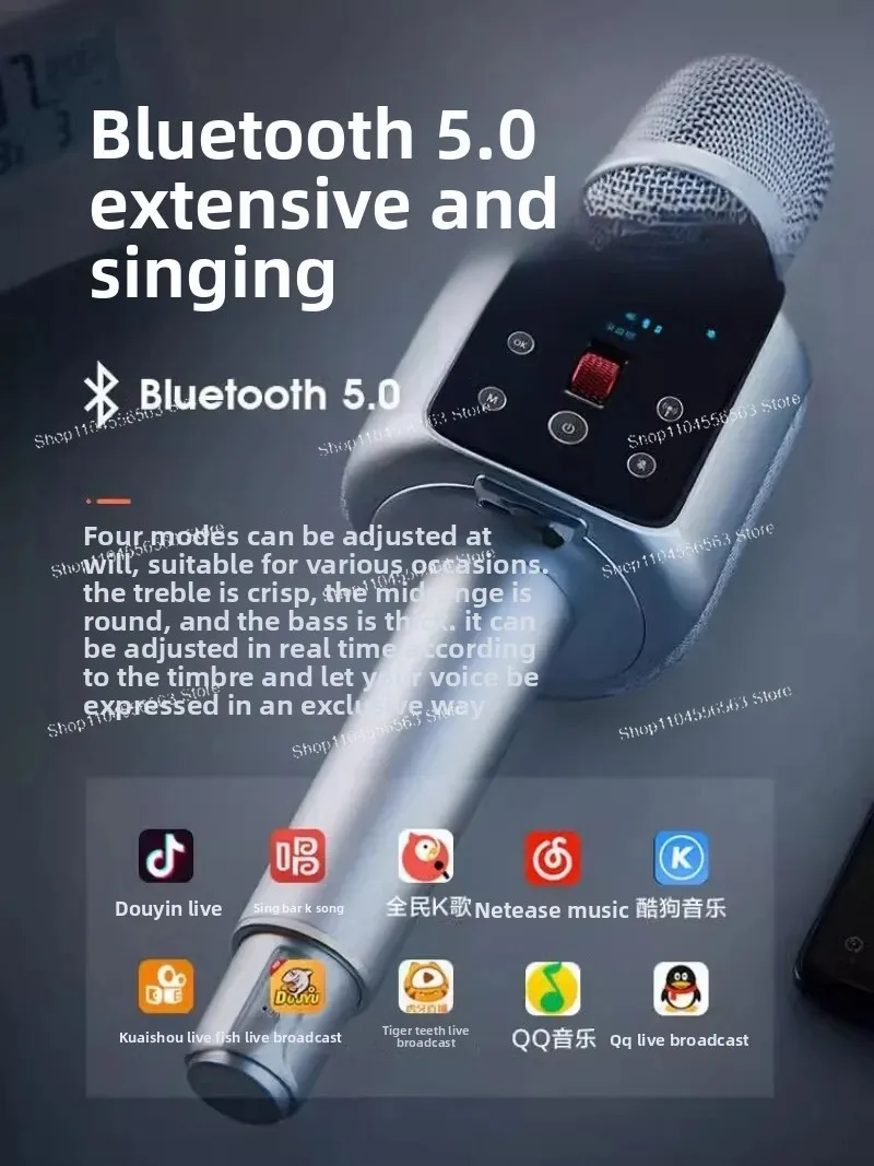 Microfone de áudio tudo-em-um com microfone de placa de som embutido, cantando karaokê receptor de telefone celular sem fio bluetooth