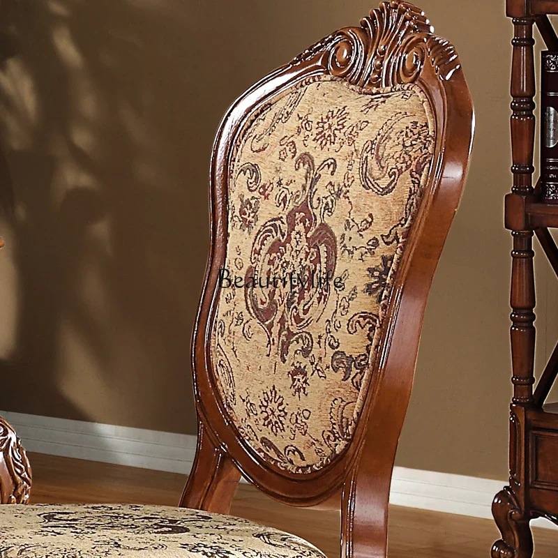 

yj5 American Style Furniture Solid Wood Dining Chair Vintage Carved Fabric Leisure Book Chair