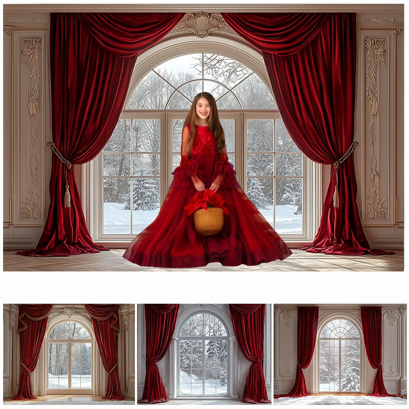 

LS Photography Backdrops Winter Christmas Room Windows Red Curtain Decor Family Xmas Holiday Photo Background For Photographs