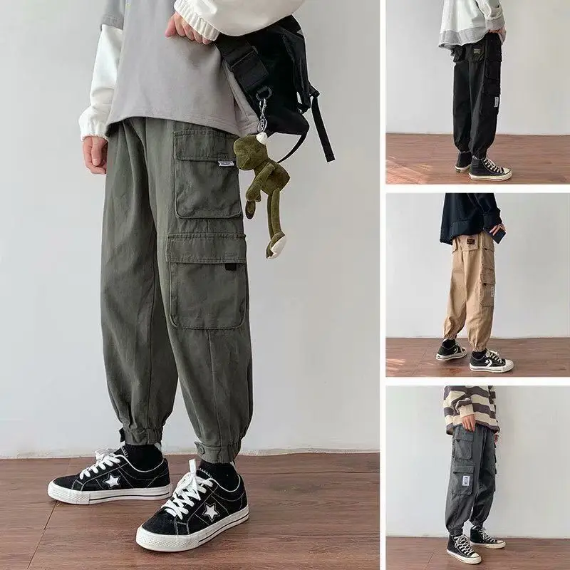 

Spring Loose Oversized Men's Clothing Trend Korean Version Casual Fashion Spliced Pocket Elastic Waist Drawstring Cargo Trousers