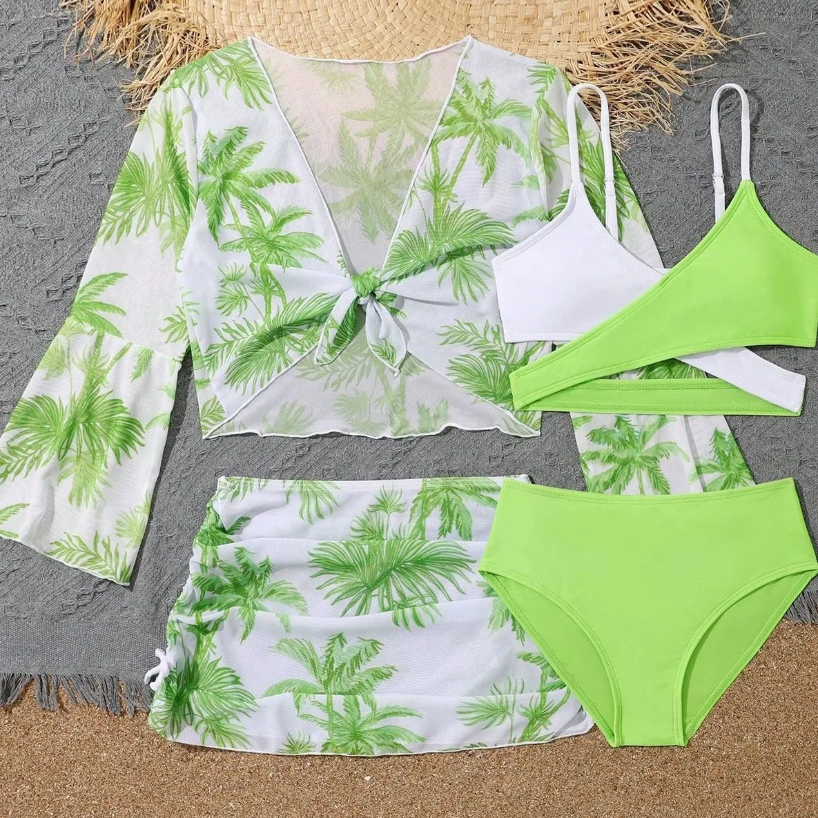 

4 Pieces Bikini Top & Skirt 2025 Girls Swimsuit Kids High Waist Swimwear Children Bathers Bathing Swimming Swim Suit Beachwear