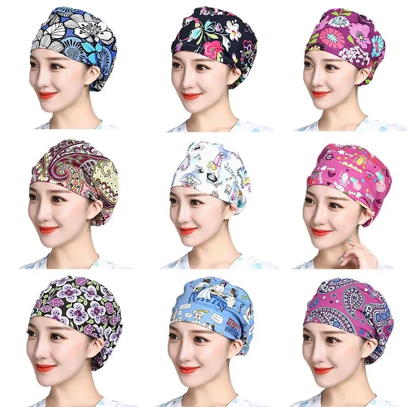 

Scrub Caps Unisex Adjustable Sweatband Bouffant Hats Cartoon Flower Printed Reuseable Cotton Workwear Hats Washable Bandage Cap