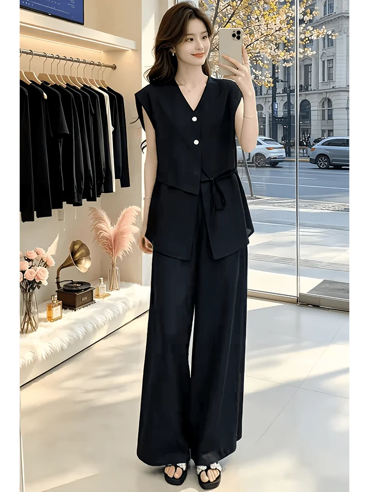 Black Vintage Money Style Sleeveless Shirt Wide Leg Pants Two Piece Set Women Summer Slimming Long Pants Casual Fashion