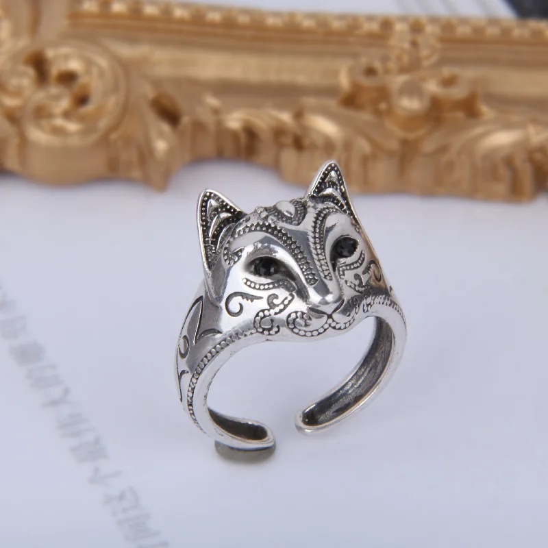 XIYANIKE Men Women Vintage Thai Silver Cat-faced Fox Open Rings Cute Animal Fashion New Jewelry Unisex Gift Party anillos mujer