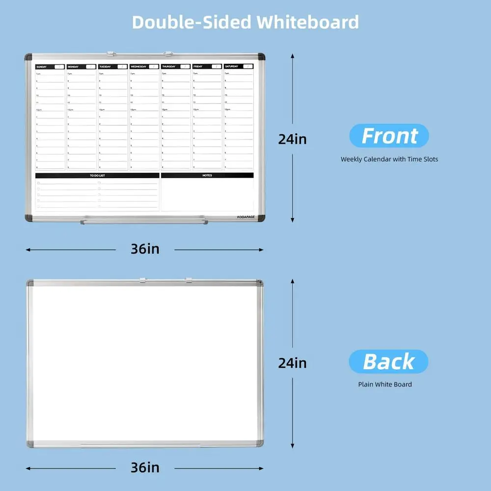 لوح مسح جاف أسبوعي مزدوج الجوانب، 36 × 24، فتحات وقت كل ساعة، تقويم السبورة البيضاء للمكتب والمنزل والمدرسة