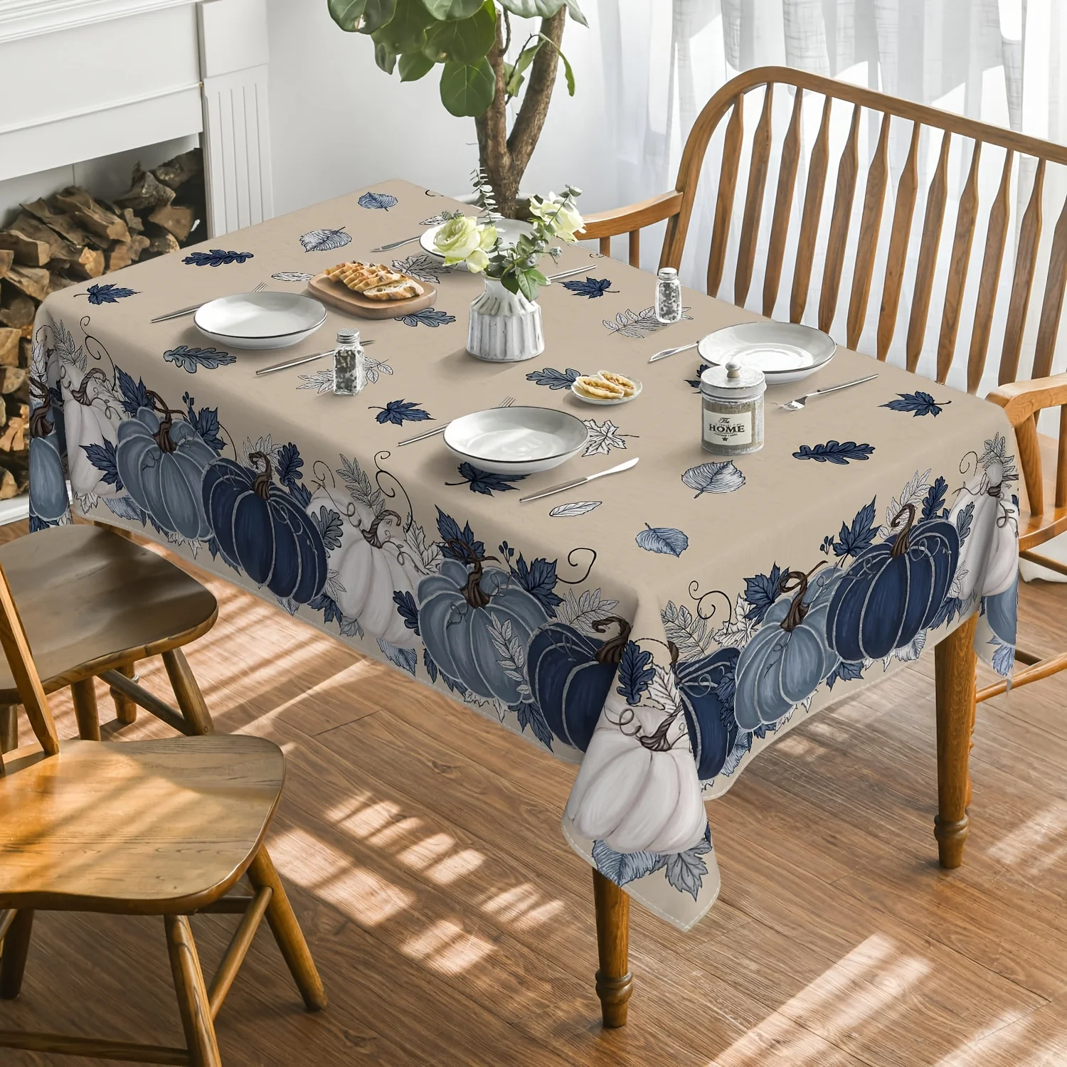 Autumn Blue Pumpkin Maple Leaves Rectangle Tablecloth for Table Decor Fall Harvest Kitchen Dining Table Cloth Thanksgiving Decor