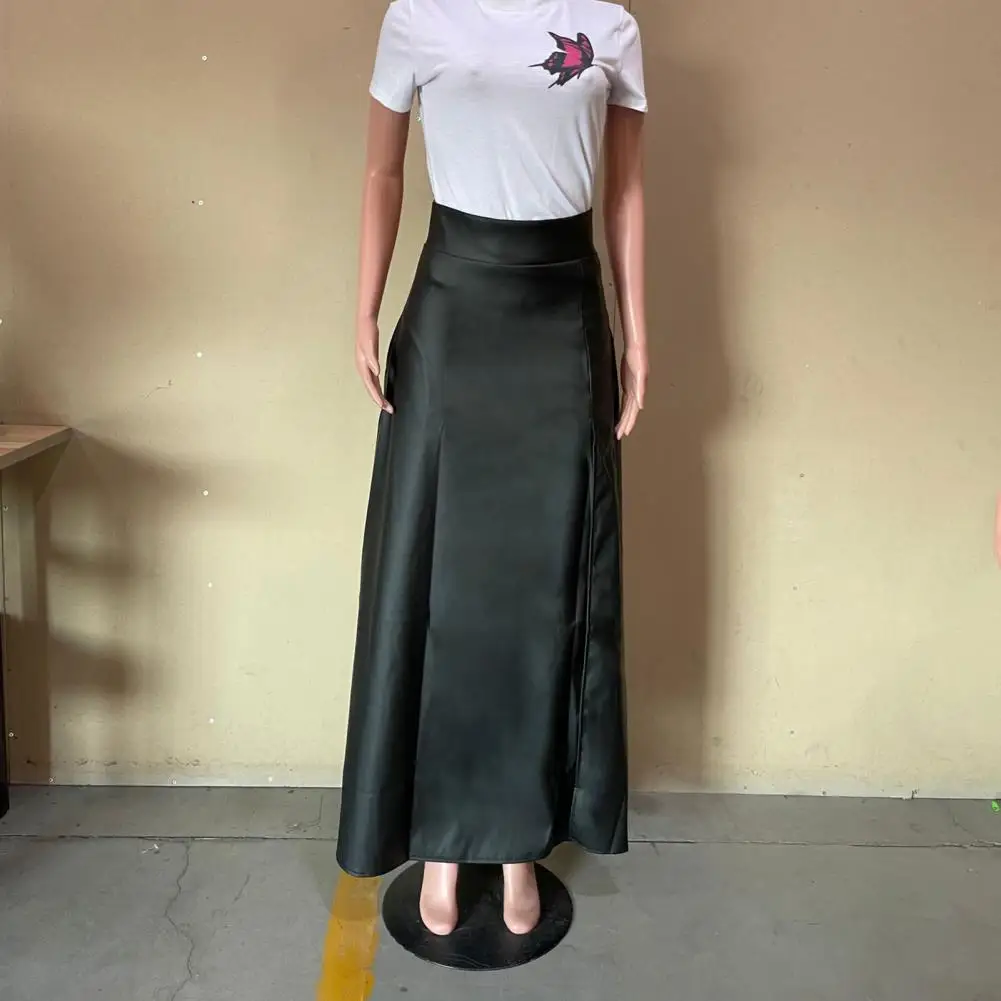 

Female 2024 Sping Summer Skirt High Waist Side Slit Irregular Faux Leather Long Skirt