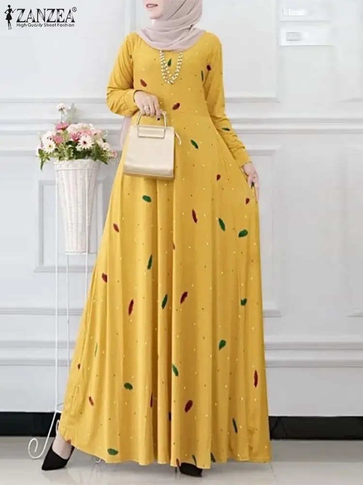 ZANZEA Elegant Maxi Dresses Muslim Abaya Ramadan Sundress Women Long Sleeve Floral Print Vestido Fashion Robe Islamic Clothing