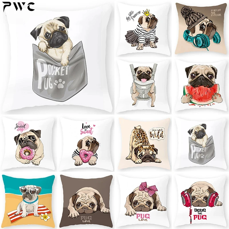 

Cartoon Pug Bulldog Sofa Decorative Cushion Cover Pillow Pillowcase Polyester 45*45 Throw Pillow Home Decor Pillowcover