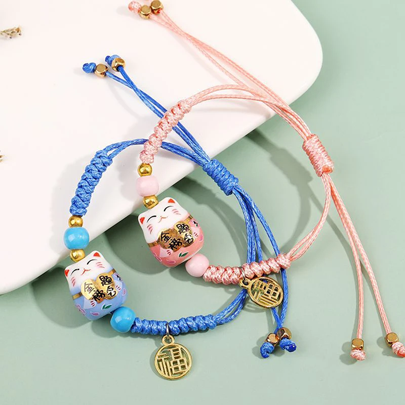 Chinese Stijl Lucky Cat Keramisch Toelatingsexamen Cadeau Meisjes Vrouwen Armband Verstelbare Gevlochten Wist Ketting Paar Hand Touw