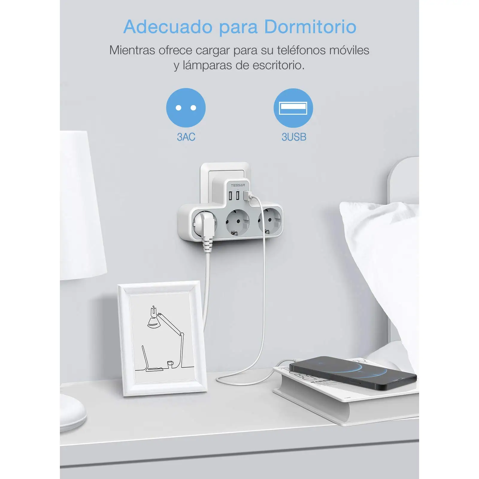 TESSAN Compact Wall USB C Plug Socket 5 in 1 Thief Socket with 3 Schuko 3 USB Ports Multiple Plug Adapter for Home Office Travel