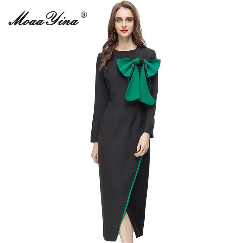 

MoaaYina Summer Fashion Designer Black Hit Color Vintage Dress Women's O Neck Long Sleeve Bow Package Buttocks Slit Long Dress