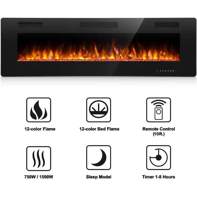 Electric Fireplace Recessed Wall Mounted Fireplace Heater Linear Fireplace Multicolor Flame,Timer Control Touch Panel Remote