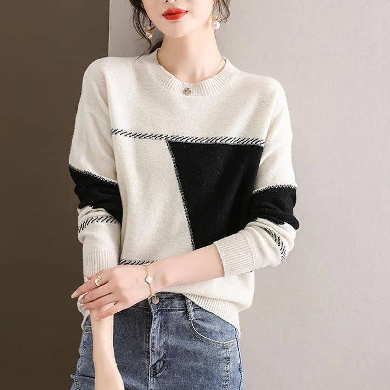 New Autumn/Winter Fashion Round Neck Contrast Color Cashmere Sweater Loose and Versatile Large Foreign Long Sleeve Sweater