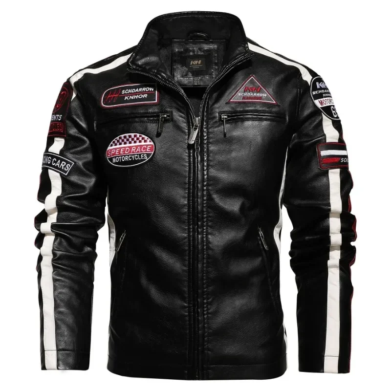 Men's Fashion Stand Collar Pu Leather Coat Embroidery Stitching Motorcycle Clothing Male All-Matching Slim Fit Leather Jacket