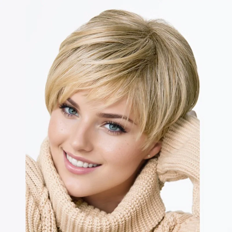 

Gradient gold European American wig short hair ladies synthetic hairstyle high elasticity rose net heat resistant for daily wear