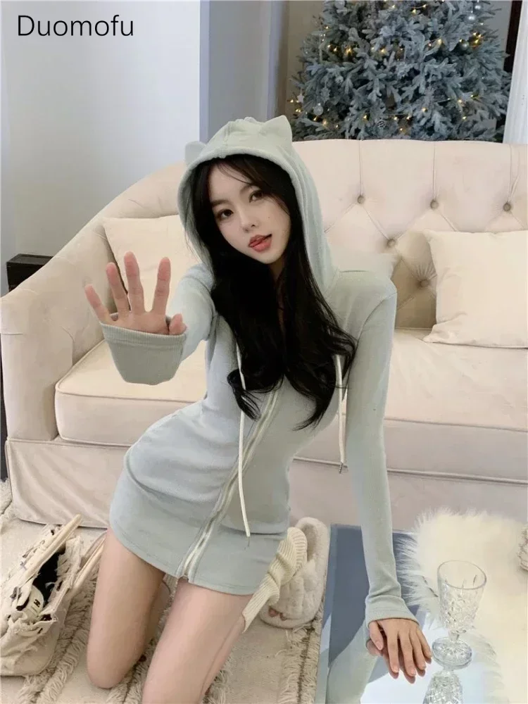 Duomofu Coquette Sexy Mini Blue Dress Women Korean Style Cute Long Sleeve Hooded Dreeses Y2k Egirl Sweet Corset Winter Vestidos