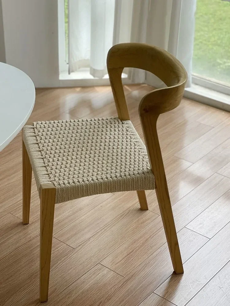 Solid Wood Rope Dining Chair Household Antique Leisure Designer Backrest Chair Scandinavian Simple Sedentary Study Chair