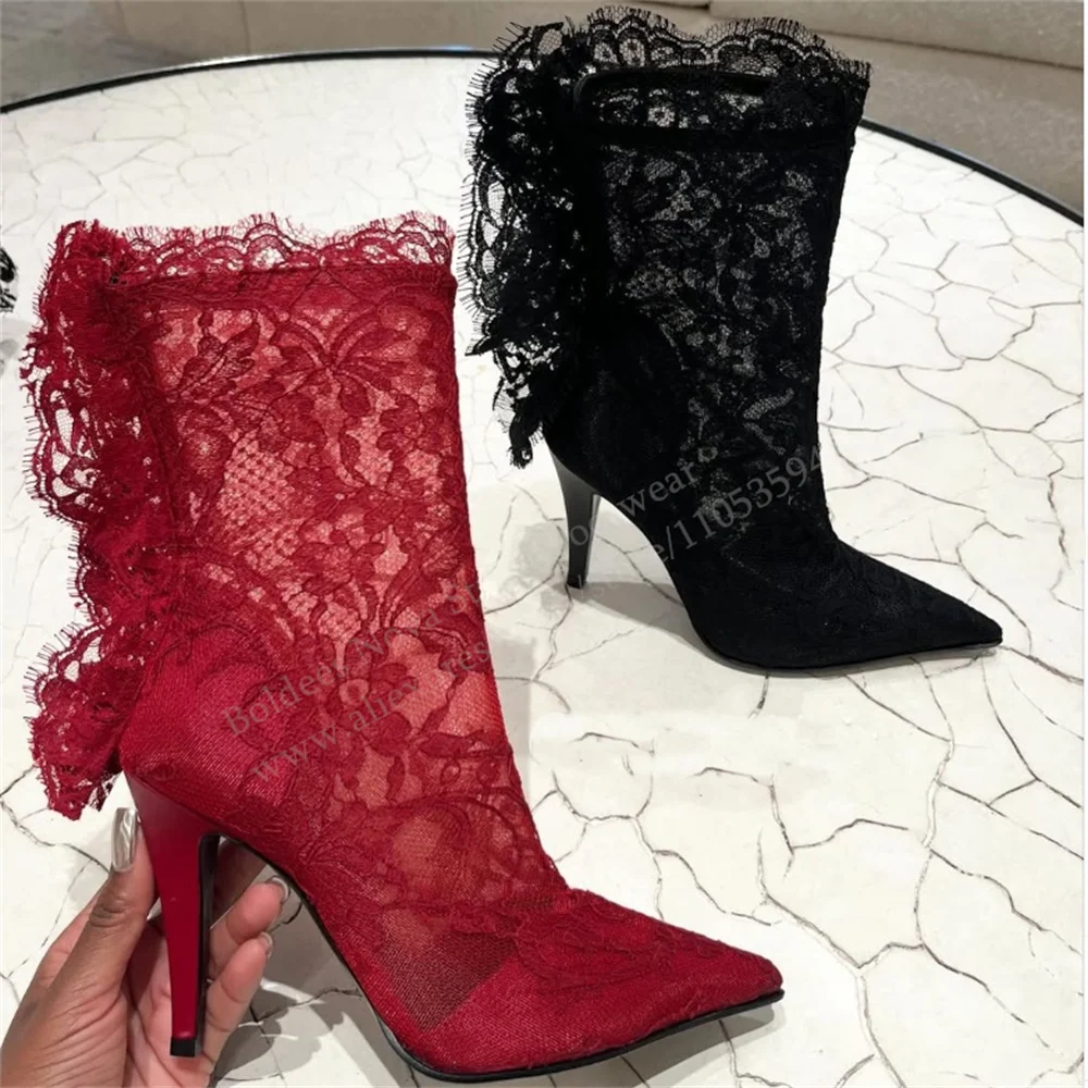 

Red Lace Mid Calf Boot 2026 New Women Sexy Pointed Toe Stiletto Heel Luxury Brand Banquet Wedding Party Dress Short Boot