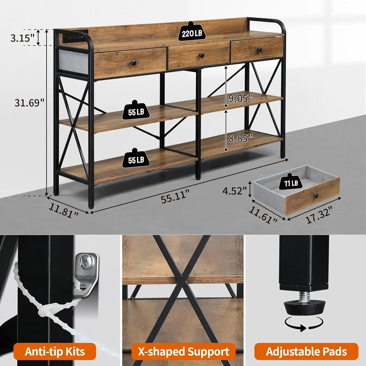 Mesa console com portas USB e tomadas, mesa sofá entrada, TV Stand, 3 gavetas de tecido, armazenamento Prateleiras para sala de estar, 3 níveis