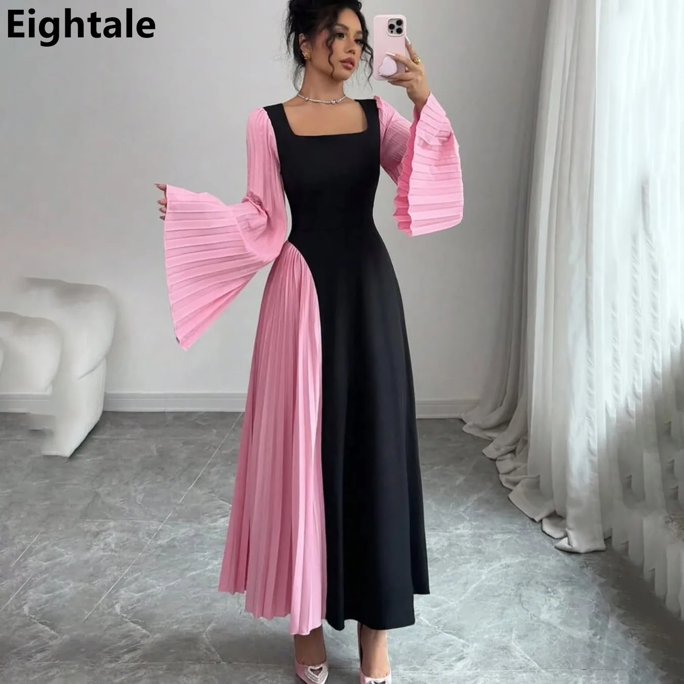 

Eightale 2025 Black Pink Contrast Color Evening Dress Wedding Party Flare Sleeve Prom Dress Saudi Arabic Party Gown Customized