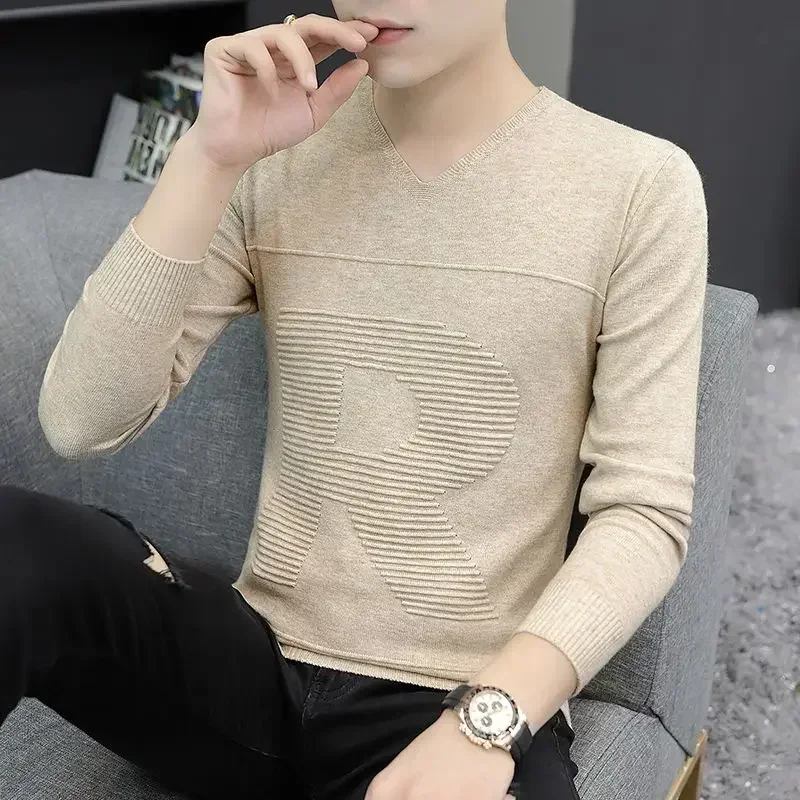 

Knit Sweater Male Pullovers Brown Men's Clothing V Neck Letter Order 2024 Trend New in X Spring Autumn Classic Maletry Winter A