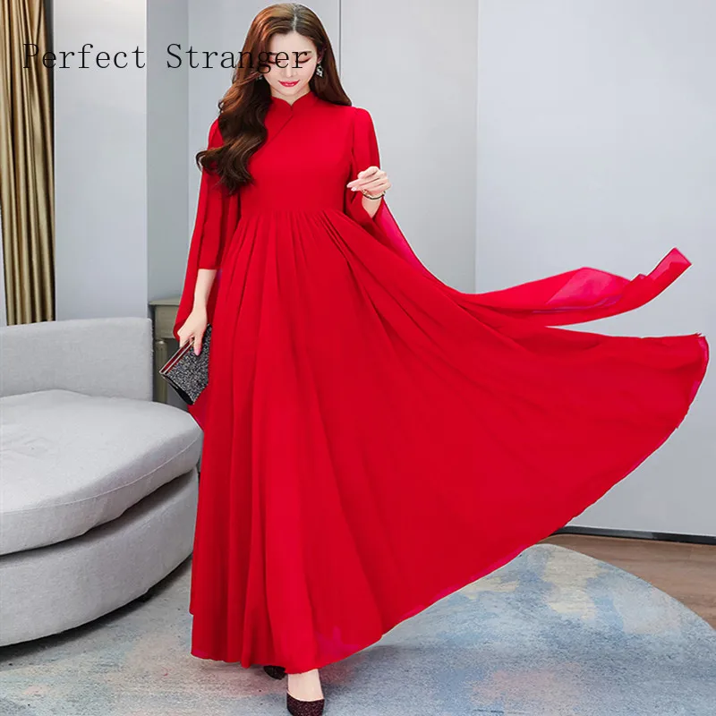 Women Evening Party Dress 2022 Spring Summer Chiffon Patchwork Long Sleeve Dress Ladies High Slit Solid Maxi Dress Vestidos