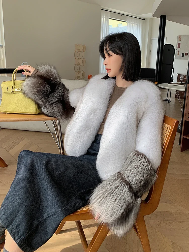 Tajiyane 2023 Winter Real Fox Fur Coat Women Short Black Fur Coats Korean Fashion Vneck Fox Fur Jackets for Womens Abrigo Mujer